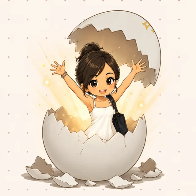 Maew the Codogotchi bursting out of a cracked egg in a shower of golden sparkles