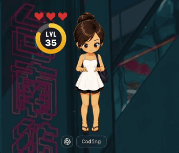 Codogotchi's pet Maew animating in the macOS app — hearts, level, and live coding status.